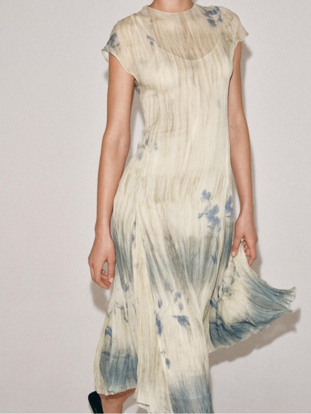 Zara Cream Maxi Dress with Soft Blue Tie-Dye